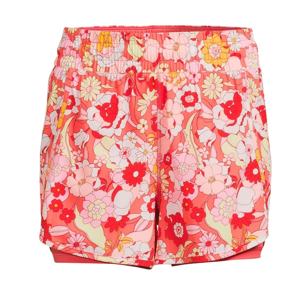 Red and orange floral double lined athletic wear shorts